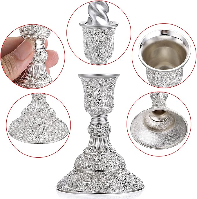 OwnMy 2PCS Brass Taper Candle Holders Candle Stick Holders Set Vintage Metal Pillar Candlestick Holders, 4”H Elegant Candle Stand Candelabra for Dining Table Centerpieces Wedding Home Decor, Silver
