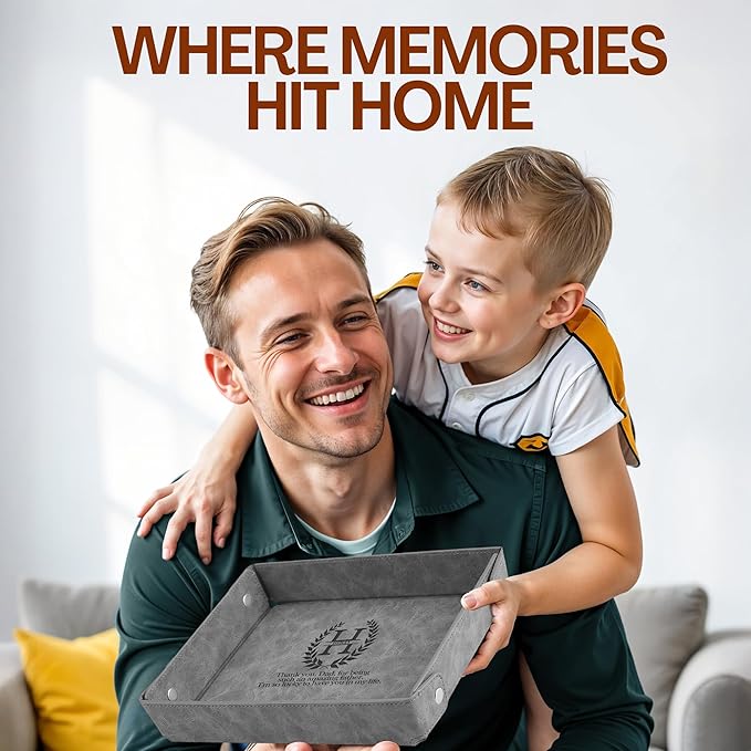Engraved Baseball Valet Tray –Personalized Leather Catchall with Custom Name –Men’s Nightstand Organizer for Keys, Wallet, Jewelry, and Essentials – Unique Baseball Fan Gift for Home or Office - Grey