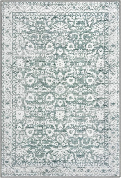 Vintage Floral 3x5 Rug, Sage Green White Entryway Rug Small Area Rug Washable Non-Slip Throw Rug, Thin Printed Faux Wool Low-Pile Kitchen Rugs Super Soft Capet for Entrance Bedroom Office