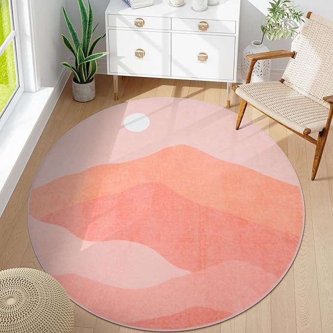 Pink Round Rugs, 4Ft Soft Nursery Rug Non Slip Washable Circle Rug, Modern Mountain Playroom Mat Sunrise Sunset Round Carpet for Kids Room Entryway Bedroom Living Room Dorm
