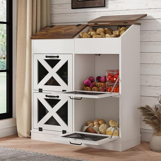 Large Wood Bread Box for Potato,Onion.Veggie Bin W/6 Large Storage Box.Root Vegetable Storage Box For Kitchen,Farmhouse Potato Storage Bin W/4 Mesh Doors,Bread Keeper for Toast,Bagel,Donut,Cookies