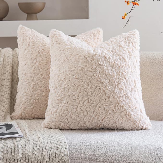 Neelvin Set of 2 Faux Fur Throw Pillow Covers 16x16 Inch Beige Cozy Soft Solid Decorative Pillowcases Thick Plush Sheepskin Cushion Case for Chair and Couch Sofa Bedroom