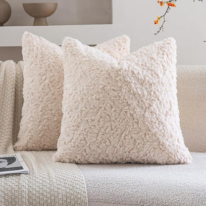 Neelvin Set of 2 Faux Fur Throw Pillow Covers 20x20 Inch Beige Cozy Soft Solid Decorative Pillowcases Thick Plush Sheepskin Cushion Case for Chair and Couch Sofa Bedroom