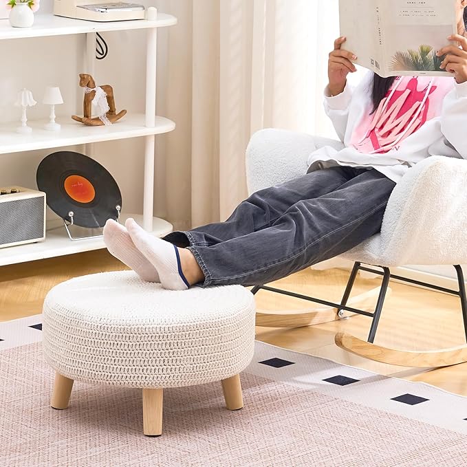 Wimarsbon Pouf Ottoman, 100% Cotton Knitted Boho Footstool, Round Footrest with Non-Skid Wood Legs, Home Décor Handmade Pouffe, Leisure Floor Step Stool for Living Room (20" White)