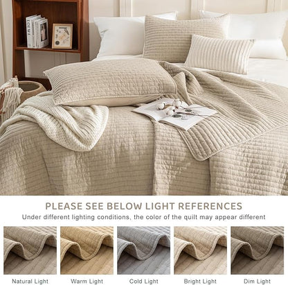 Sanracie Cotton Oversized King Bedspread(118"x106"), Soft Dark Wheat Color Stonewashed California King Quilt Sets Cross Stitch Lightweight Crinkle Coverlet Set 3Pcs for All Season