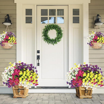 Artificial Flowers for Outdoors 12 Bundles Realistic Faux Plants UV Resistant Fake Silk Morning Glory with Eucalyptus for Front Door Planter Patio Porch Spring Summer Decoration (4 Mixed Color)