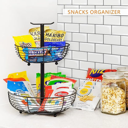 CAXXA 2 Tier Fruit Basket Bowl Kitchen Heavy Duty Wire Organizer, Black
