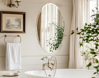 Frameless Oval Wall Mirror: Decorative Elliptical Mirrored Glass Vanity with Beveled Silver Edge for Bathroom Bedroom Livingroom Dining Room Entryway Hallway, 28 x 20 inch