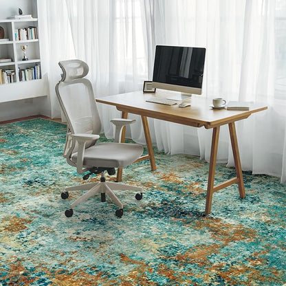 Washable Area Rugs for Living Room 9x12 - Large Neutral Modern Abstract Rug, Soft Low Pile Carpet with Non Slip Backing for Under Dining Room Table, Bedroom, Home, Office, Dorm - Teal Brick