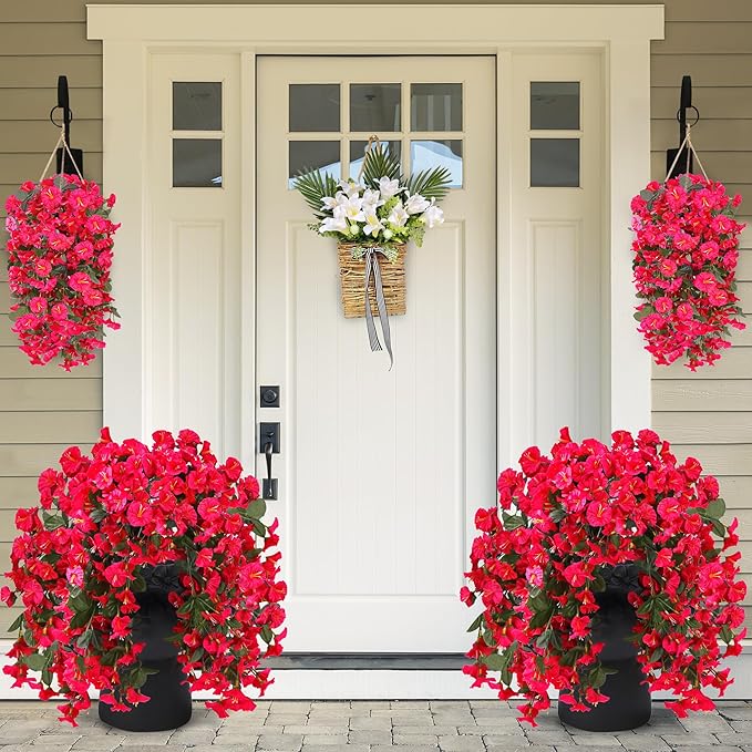 Sggvecsy Artificial Fake Hanging Flowers Plants for Outdoor Outside Spring Summer Decoration 4PCS Faux Silk UV Resistant Realistic Morning Glory Trailing Vines for Home Porch Patio Balcony(Rose red)
