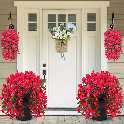 Sggvecsy Artificial Fake Hanging Flowers Plants for Outdoor Outside Spring Summer Decoration 4PCS Faux Silk UV Resistant Realistic Morning Glory Trailing Vines for Home Porch Patio Balcony(Rose red)