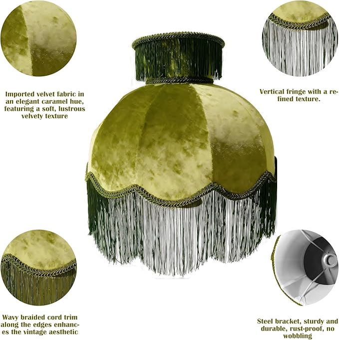 Caramel-colored velvet fringe lampshade 7.8" Top x 17.7" Bottom x 13.4" High x 15 Slant"- Large Dome with Scalloped Edge & Fringe Tassels, for Table/Floor Lamps(1, green, Large)