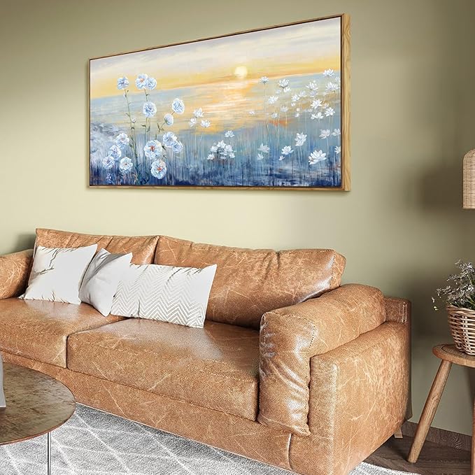 Framed Wall Art for Living Room Blue Ocean Beach Sunset Seascape Painting Abstract Coastal Flowers Canvas Print Seaside White Wildflowers Picture Sunrise Yellow Orange Sky Nature Landscape 24x48inch