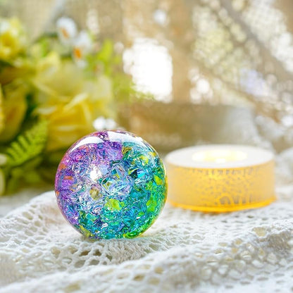 ZEERSHEE 2.3inch Colorful Ice Cracked Crystal Ball with Warm Light Base Glass Decorative Ball Paperweight Home Decor Fengshui Accessories Ornament