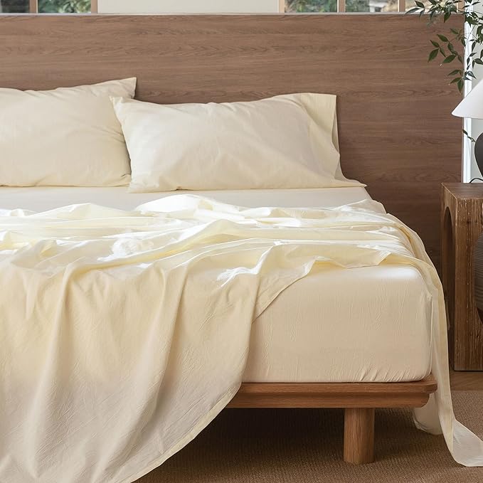 MooMee Bedding Sheet Set 100% Washed Cotton Linen Like Textured Breathable Durable Soft Comfy (Solid Cream White, Full)