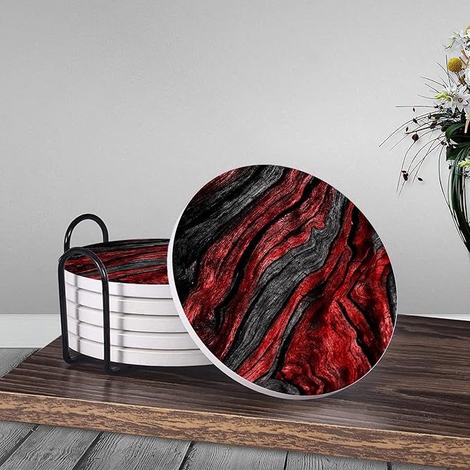 HUXJOKO Coasters for Drinks Set of 6,Red Black Wood Grain Absorbent Ceramic Coaster,Round Stone Mat,with Cork Base and Metal Holder for Coffee Table Room Bar Home Decor Housewarming Gifts