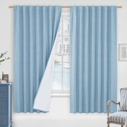 LAMIT 100% Blackout Linen Curtains 63 Inches Long, Linen Textured Living Room Farmhouse Curtains Full Room Darkening Back Tab and Rod Pocket Panels with White Liner, 2 Panels, Stone Blue, 60 x 63 Inch