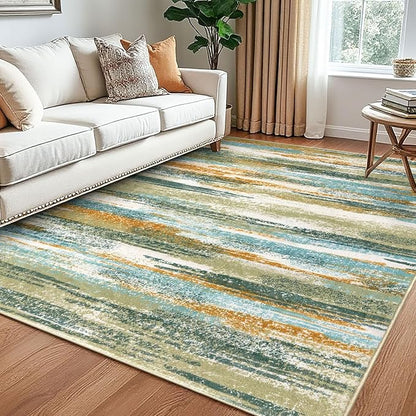Modern Abstract 5x7 Machine Washable Area Rug Non-Slip Soft Bedroom Living Romm Rug Green Mustard Multi Ultra Thin Print Faux Wool Floor Carpet Throw Rug for Nursery Playroom Dining Room Office