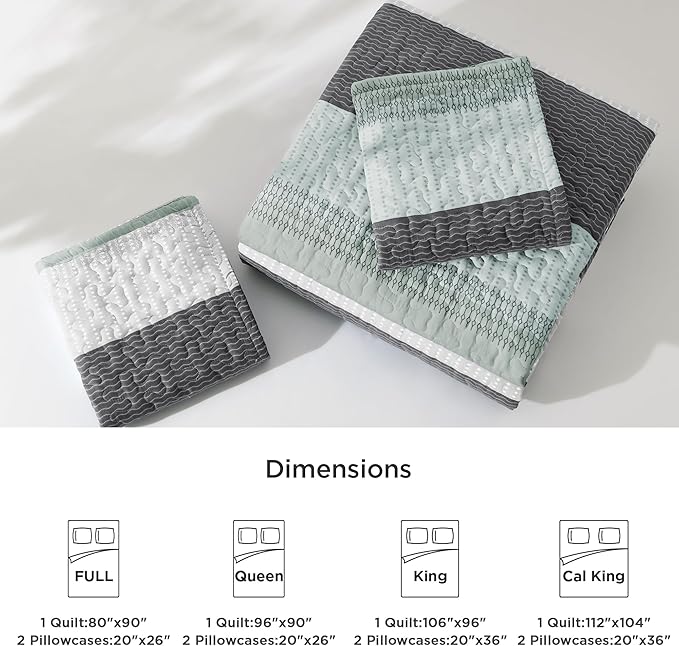 Litanika Full Quilt Set Sage Green, 80x90 Stripe Bedspread Coverlet 3 Pieces,Sage Green Lightweight Quilted Bedding Set for All Season(Full-1 Quilt, 2 Pillowcases)