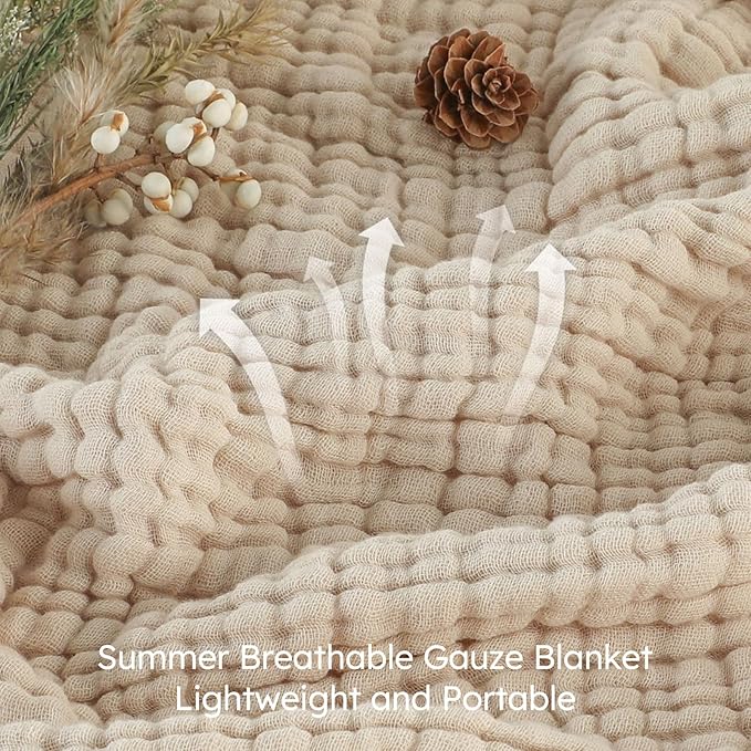 Yoofoss Muslin Blanket 100% Organic Cotton Throw Large 50" x 60" for Bed Couch Summer Gauze Blanket for Adults Lightweight and Breathable Apricot White