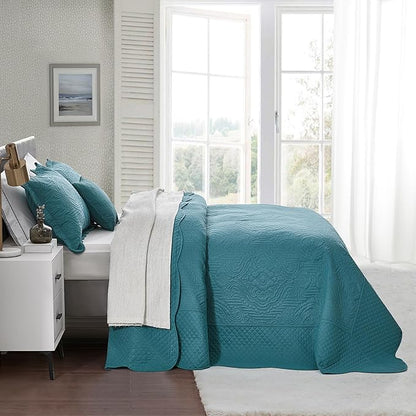 HZ & HY Oversized King Bedspread 128x120 Extra Wide, Ultrasonic, Lightweight, Reversible, 5 Pieces, 100% Microfiber, Lagoon