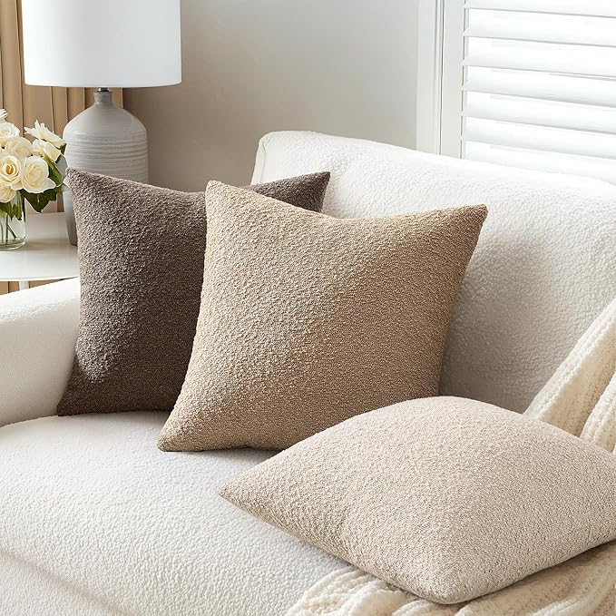 ANRODUO Pack of 2 Textured Boucle Throw Pillow Covers Soft Camel Decorative Accent Solid Pillow Cases Cozy Modern Couch Cushion Case for Chair Sofa Bedroom Living Room Home Decor, 20 x 20 Inch