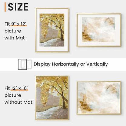 12x16 inch Metal Picture Frame - 12 x 16 Thin Aluminum Photo Frames with 9x12 Removable Mat - High Definition Plexiglass - Vertical and Horizontal Display - Wall Hook Hanging Hardware Included - Gold, Set of 1