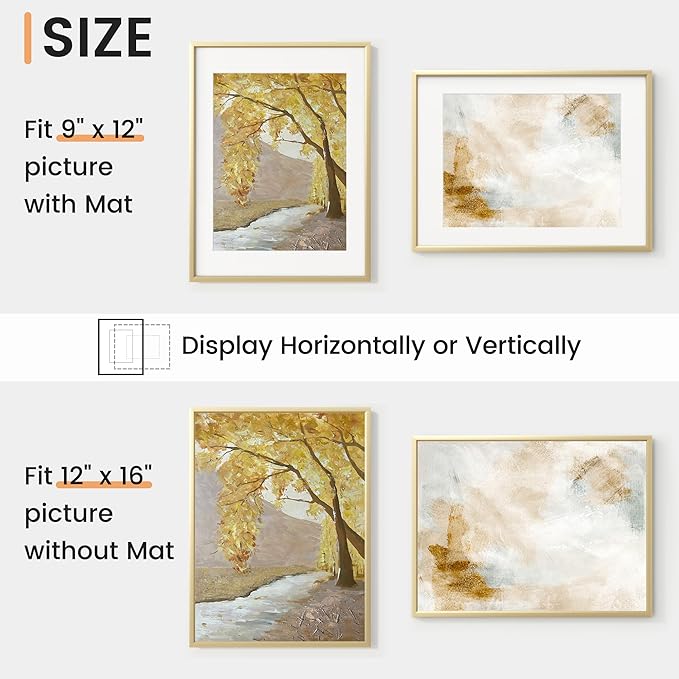 12x16 inch Metal Picture Frame - 12 x 16 Thin Aluminum Photo Frames with 9x12 Removable Mat - High Definition Plexiglass - Vertical and Horizontal Display - Wall Hook Hanging Hardware Included - Gold, Set of 4