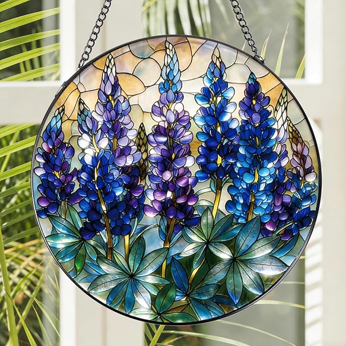 Rngmsi Stained Glass Window Hanging, 7.8″ Blue Flower Sun Catchers with Hook Indoor Window Decor, Decorative Suncatchers Hanging Ornaments Home Garden Art Gift for Housewarming