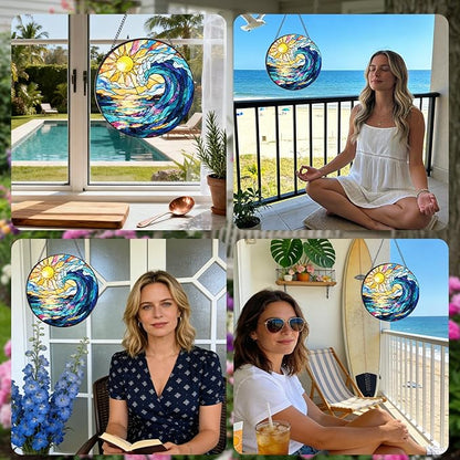 Rngmsi Stained Glass Window Hanging, 7.8″ Sea Sun Catchers with Hook Indoor Window Decor, Decorative Suncatchers Hanging Ornaments Home Garden Art Gift for Housewarming