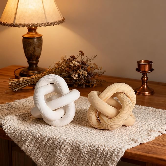Wood Knot Chain Link Decor, 3 Link Boho Wooden Hand Carved Decorative, Handcrafted for for Coffee Table Entryway Modern Farmhouse Shelf Decoration(White)