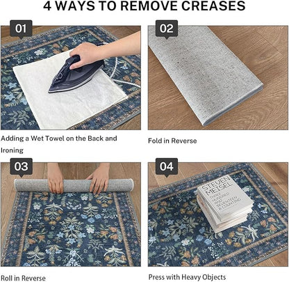 Boho Floral Machine Washable Runner Rug 2x6, Navy Kitchen Runner Rug Non-Slip, Super Thin Hallway Rug Runner Printed Faux Wool Soft Carpet for Entryway Bedroom Laundry Room Indoor