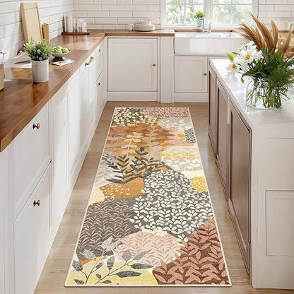 DEXDE Runner Rug 2x6 Fall Washable Hallway Boho Soft Area Rugs Abstract Long Non Slip Botanical Leaves Floral Print Carpet for Entryway, Kitchen, Laundry, Bathroom, Bedroom,Camel