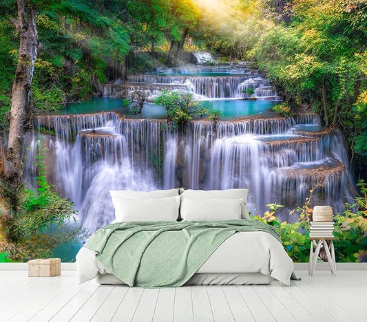 AFZEVEB-Green Waterfall Nature Landscape Wallpaper Wall murals for Kids Room 136"x96"(Not Peel and Stick)