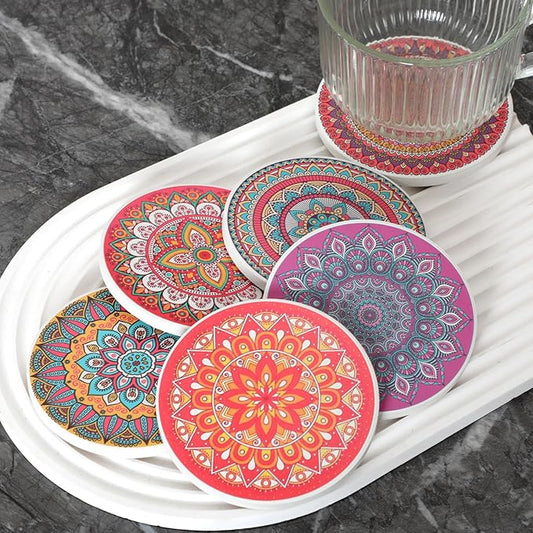 Ceramic Coasters Set of 6 with Holder, Mandala Style, Absorbent Drink Coaster Set for Home Decor, Cups, Mugs and Glasses (Pink Mandala)