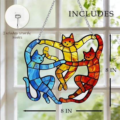 Cat Stained Glass Suncatcher Window, Hanging Sun Catchers Indoor Window, Suncatcher for Mom/Women (Dancing Cat)