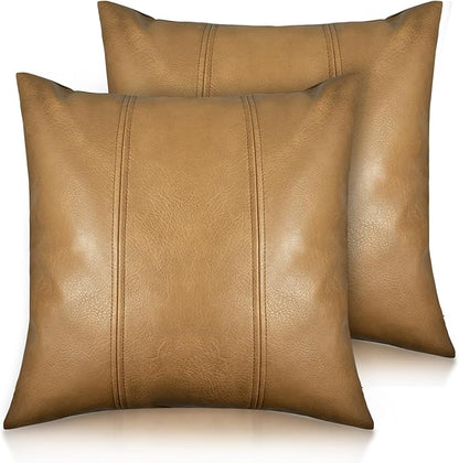 Faux Leather Throw Pillow Covers 20X20 Inch Set of 2 Brown Outdoor Modern Farmhouse Solid Decorative Pillow Covers for Room Couch Living Bedroom Bed Sofa