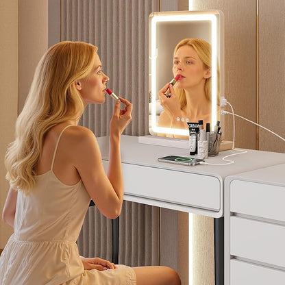 DUMOS 17"x13" LED Vanity Mirror with Lights, Dimmable 3 Color Modes Makeup Mirror with Memory Function, USB Charging, Aluminum Frame, Lighted Mirror for Desk or Bedroom