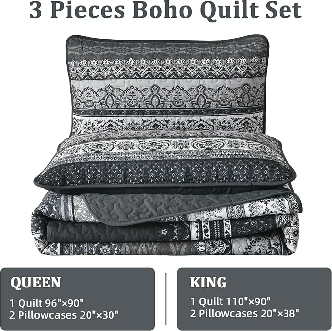 WONGS BEDDING Boho King Quilt Set, Black Bohemian Quilt Bedding Set, Lightweight Bed Decor Bedspread for All Season Reversible Microfiber Coverlet Bedding Set 110"x90"(3 Pieces)