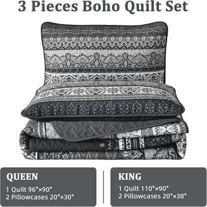 WONGS BEDDING Boho King Quilt Set, Black Bohemian Quilt Bedding Set, Lightweight Bed Decor Bedspread for All Season Reversible Microfiber Coverlet Bedding Set 110"x90"(3 Pieces)