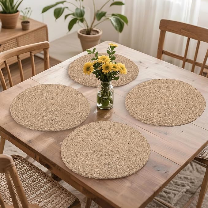 12 Inch Round Woven Placemats Set of 6, Natural Jute Braided Placemats, Boho Farmhouse Place Mats, Heat Resistant, Sound Table Mats for Dining Table, Kitchen, Outdoor, Home Decorations, Wedding