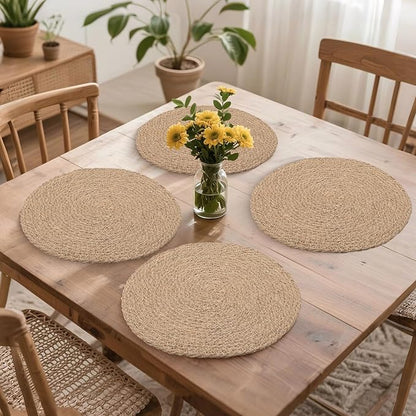 12 Inch Round Woven Placemats Set of 6, Natural Jute Braided Placemats, Boho Farmhouse Place Mats, Heat Resistant, Sound Table Mats for Dining Table, Kitchen, Outdoor, Home Decorations, Wedding