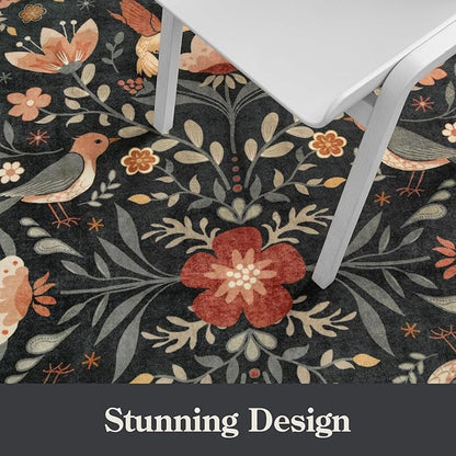 Moynesa Floral Bird Round Rug 6ft Washable Circle Rug Non Slip,Modern Transitional Black Area Rugs for Bedroom Reading Coner,Farmhouse Living Dining Room Aesthetic Carpet Folk Art Home Decor