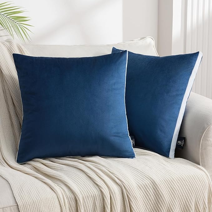 Phantoscope Pack of 2 Velvet Throw Pillow Covers, Decorative Soft Velvet Pillows Accent Double-Sided Gusseted Design, Square Cushion Case for Couch Sofa Bed, Navy Blue, 18 x 18 inches 45 x 45 cm
