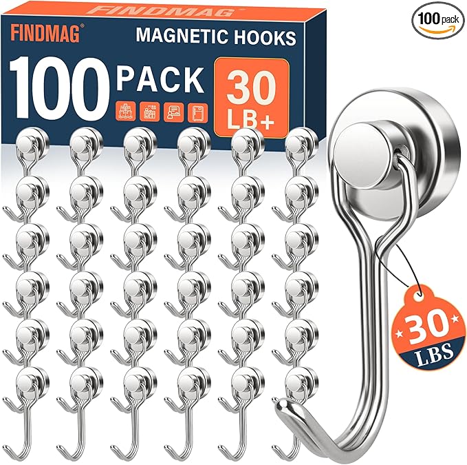 FINDMAG 100 Pack Magnetic Hooks, 30lbs+ Magnetic Hooks for Cruise Cabins, Heavy Duty Strong Neodymium Swivel Swing Hooks for Refrigerator, Grill, Home Supplies, Kitchen Organization - Silver