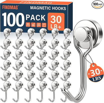 FINDMAG 100 Pack Magnetic Hooks, 30lbs+ Magnetic Hooks for Cruise Cabins, Heavy Duty Strong Neodymium Swivel Swing Hooks for Refrigerator, Grill, Home Supplies, Kitchen Organization - Silver