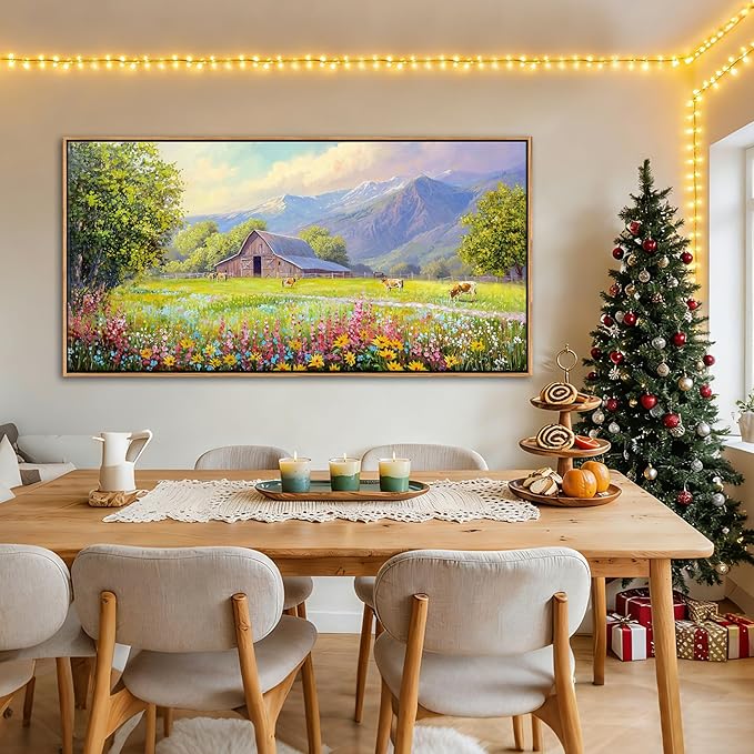 AJAZIKO Rustic Mountain Wall Art,Farmhouse Landscape Wall Decor with Highland Cow & Floral Art - Nature & Country Artwork for Living Room, Bedroom & Walls - Framed Flower Pictures for Home 24x48IN