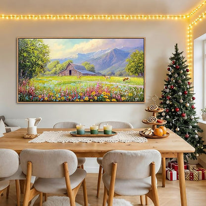 AJAZIKO Rustic Mountain Wall Art,Farmhouse Landscape Wall Decor with Highland Cow & Floral Art - Nature & Country Artwork for Living Room, Bedroom & Walls - Framed Flower Pictures for Home 24x48IN