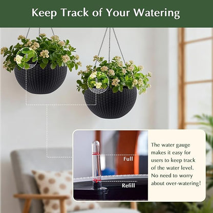 13.5 inch 2Pack Large Hanging Planters for Outdoor/Indoor Plants, Self Watering Hanging Pot with Water Level Indicato, Drainage Holes and Chain for Garden Porch, Black