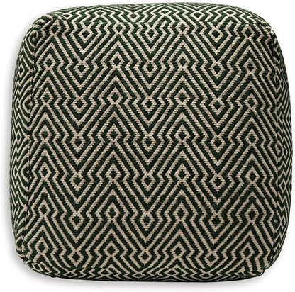 Signature Design by Ashley Abacy Casual Square Handwoven Pouf with Geometric Pattern, Green & Beige